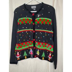 1990s Berek Christmas Chenille Maximalist Santa Whimsical Kidcore Cardigan XL